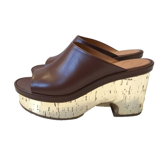 Chloe Oil Leather Cork Mule Platform Sandals Womens 41 Brown Gold Leather Slides - Picture 8 of 12